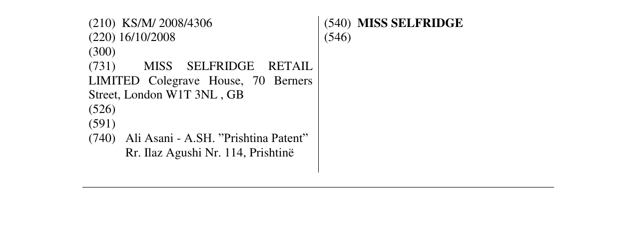 Zëri i markës MISS SELFRIDGE në buletin