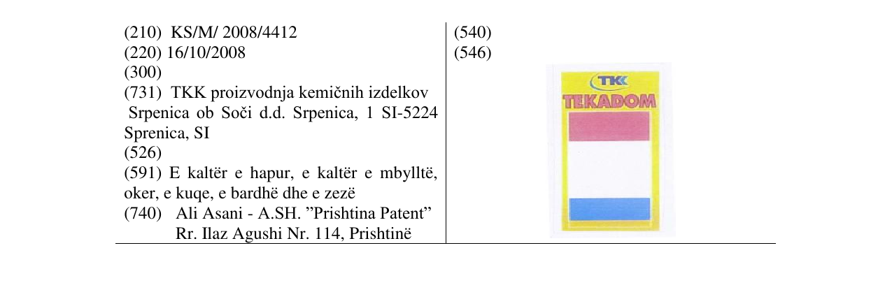 Zëri i markës TKK TEKADOM në buletin