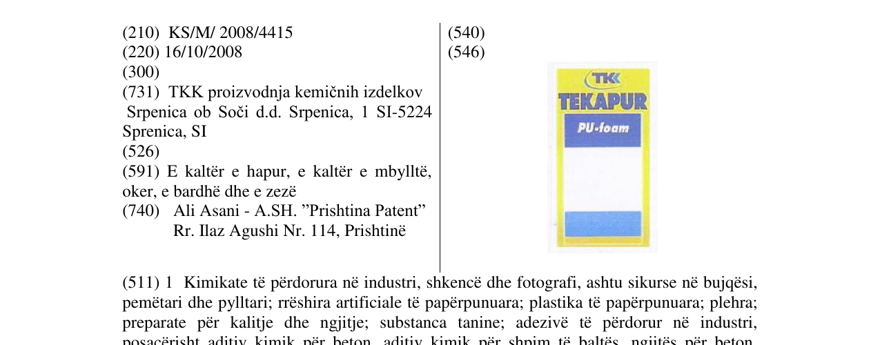 Zëri i markës TKK TEKAPUR në buletin