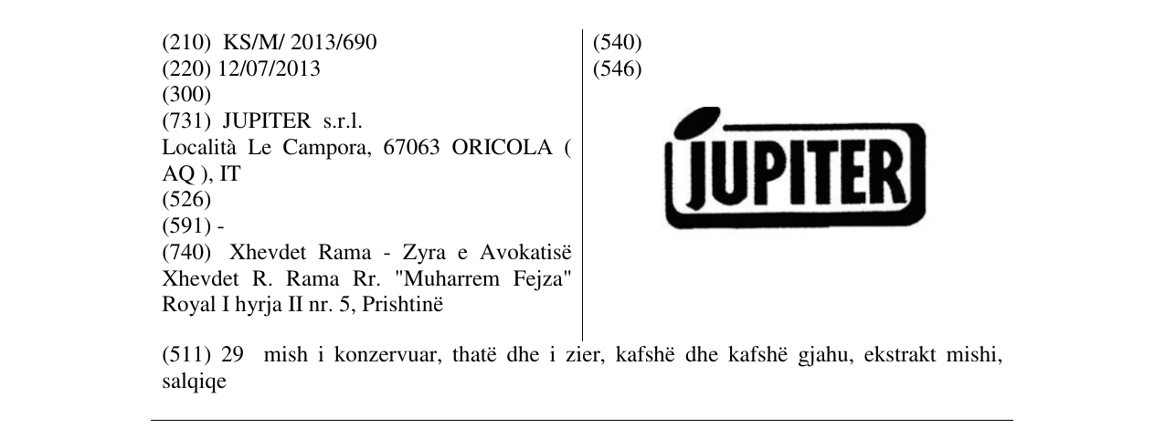 Zëri i markës JUPITER në buletin