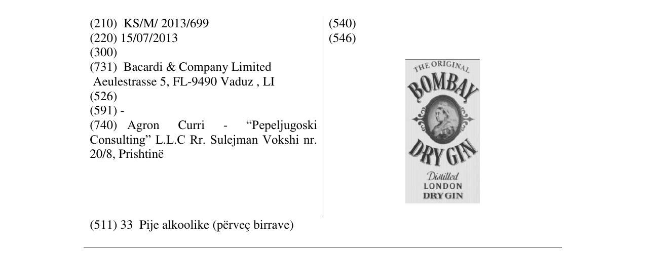 Zëri i markës BOMBAY DRY GIN në buletin