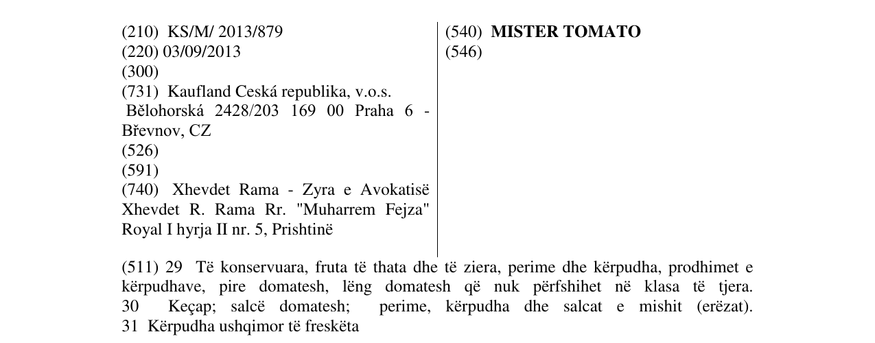 Zëri i markës MISTER TOMATO në buletin