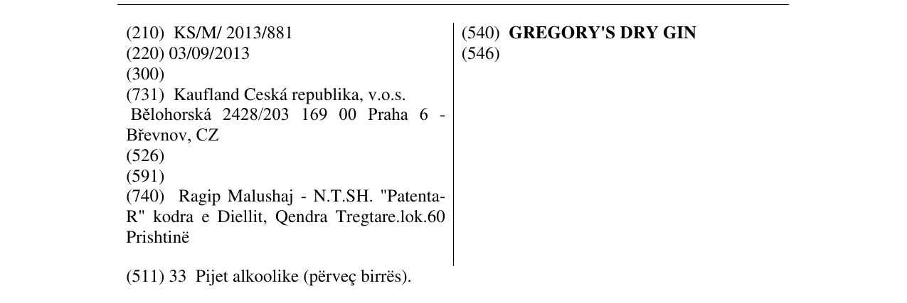 Zëri i markës GREGORY'S DRY GIN në buletin