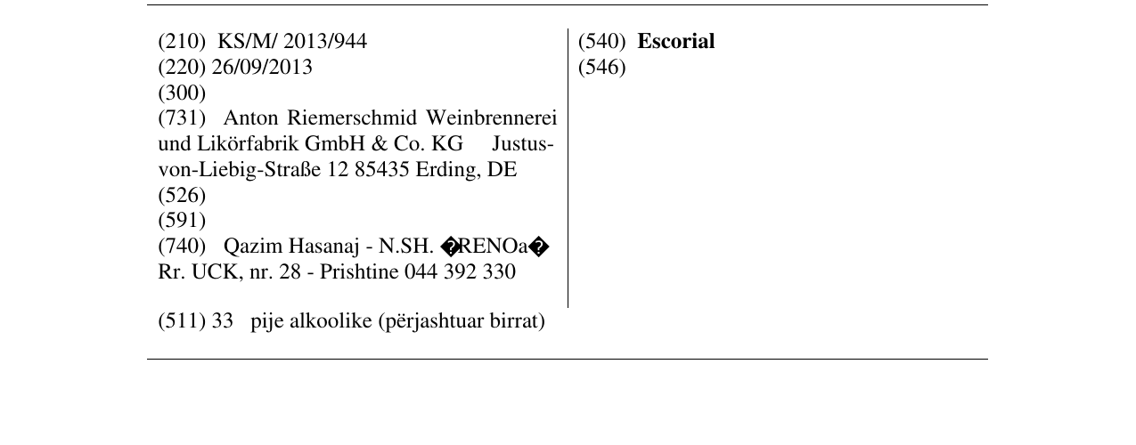 Zëri i markës Escorial në buletin