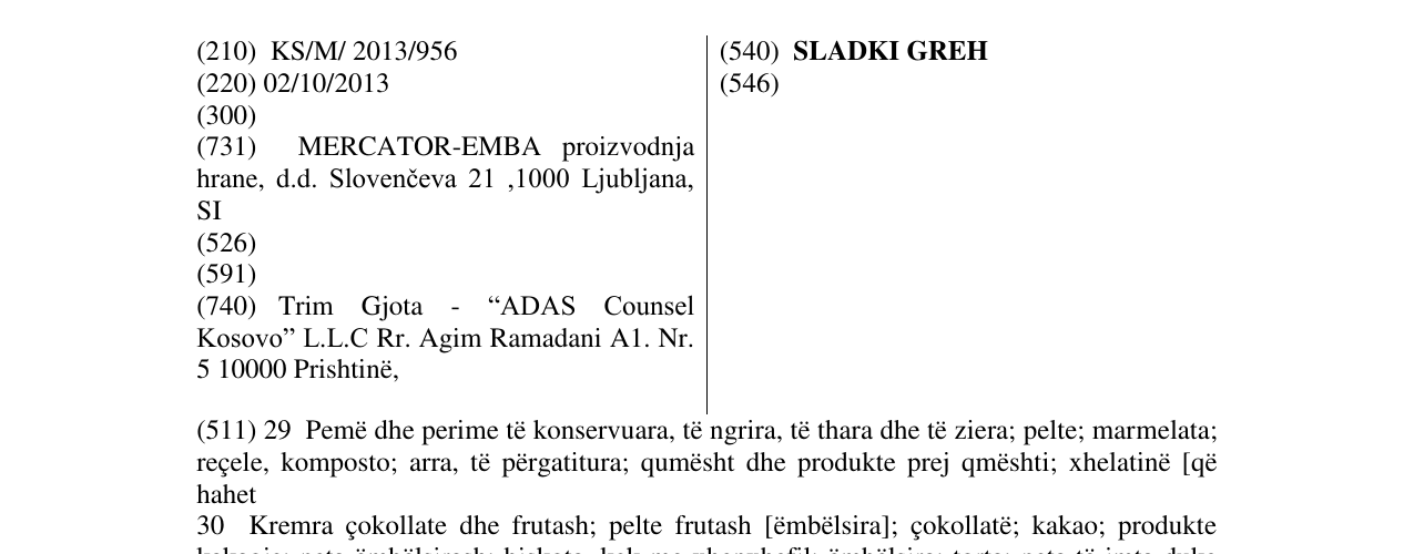 Zëri i markës SLADKI GREH në buletin