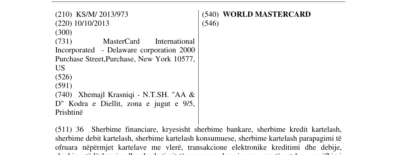 Zëri i markës WORLD MASTERCARD në buletin