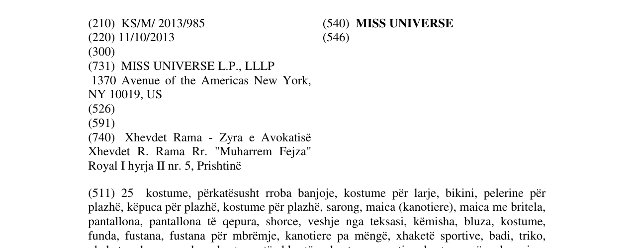 Zëri i markës MISS UNIVERSE në buletin