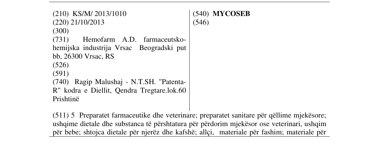 Zëri i markës MYCOSEB në buletin
