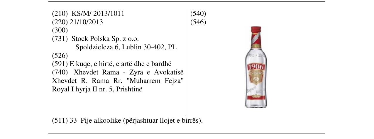 Zëri i markës VODKA 1906 në buletin