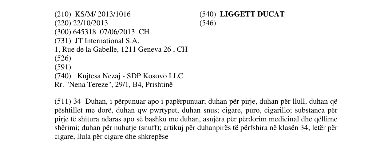 Zëri i markës LIGGETT DUCAT në buletin