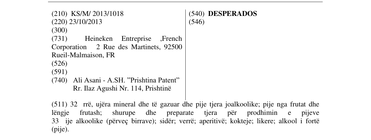Zëri i markës DESPERADOS në buletin