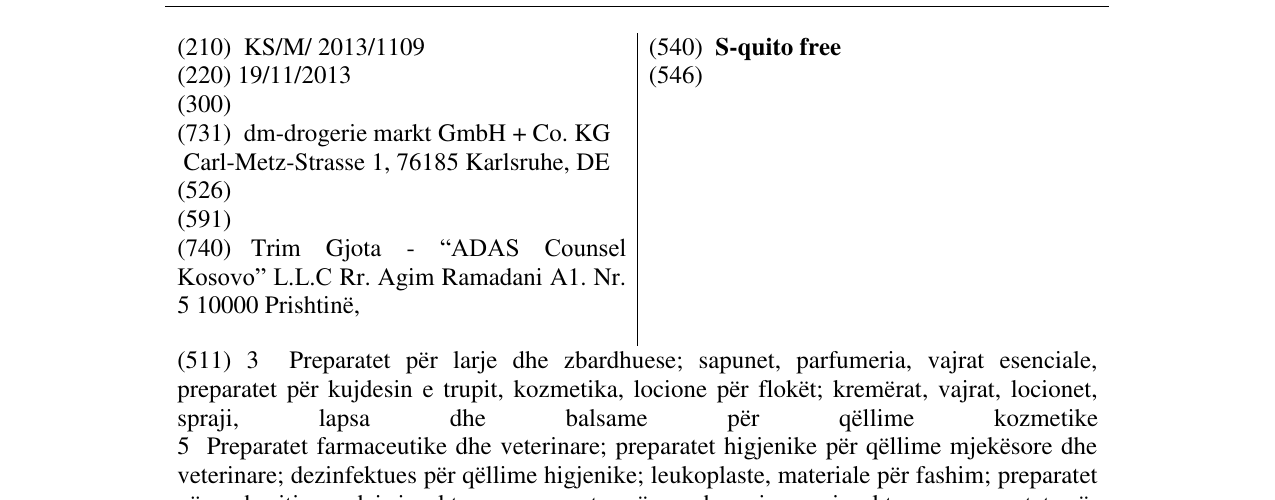 Zëri i markës S-quito free në buletin