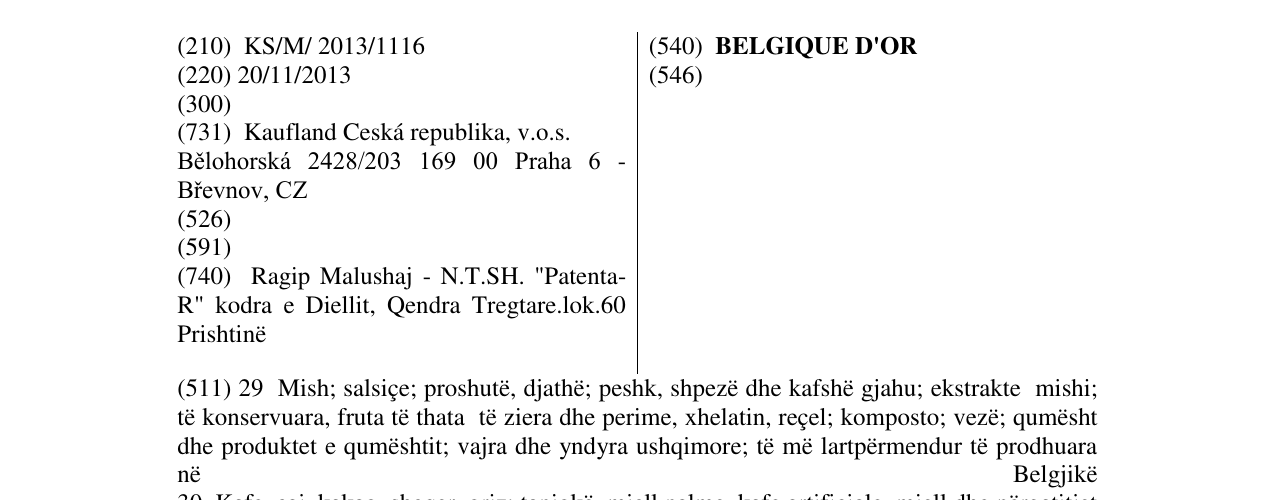 Zëri i markës BELGIQUE D'OR në buletin