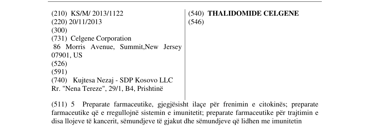 Zëri i markës THALIDOMIDE CELGENE në buletin