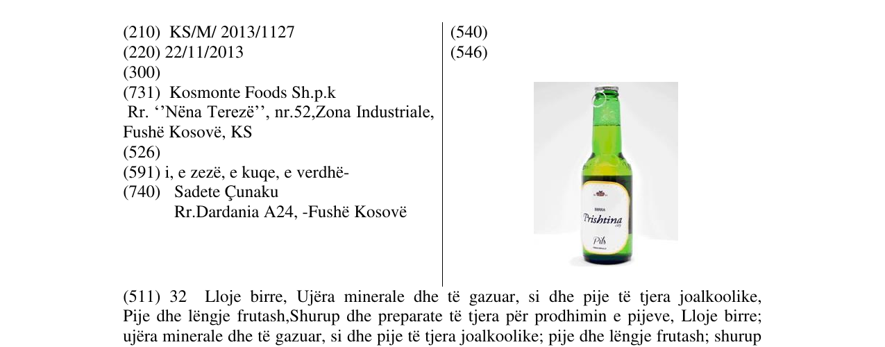 Zëri i markës Birra Prishtina City në buletin