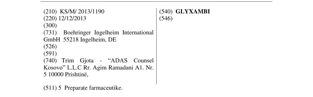 Zëri i markës GLYXAMBI në buletin