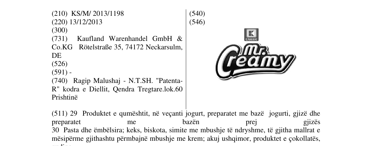 Zëri i markës K Classic mr. Creamy në buletin