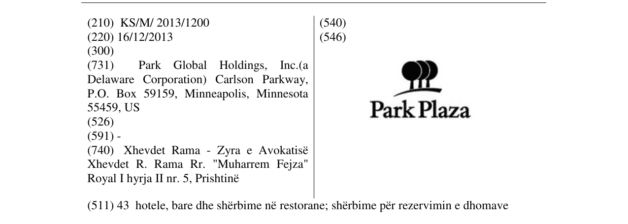 Zëri i markës Park Plaza në buletin