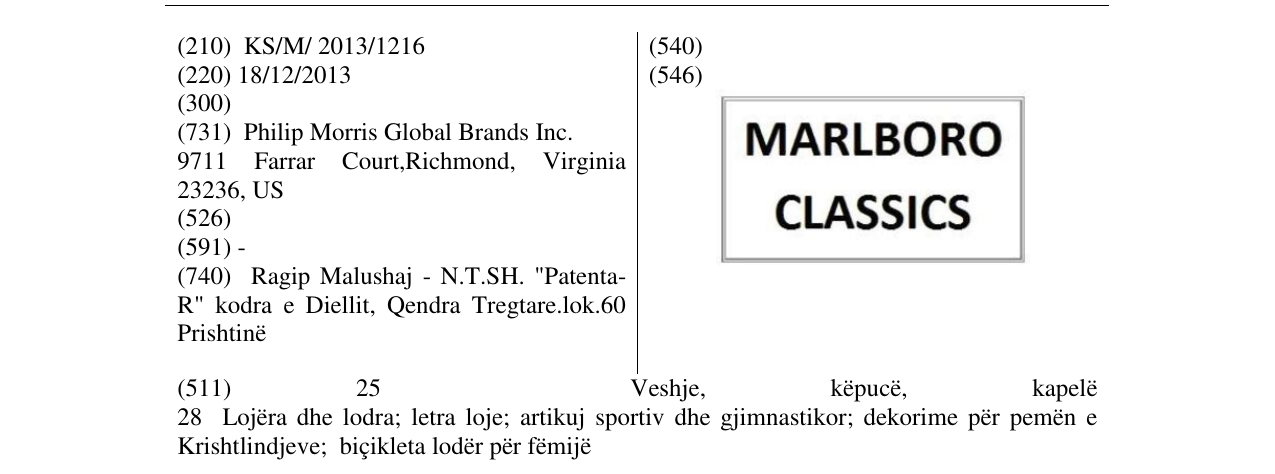 Zëri i markës MARLBORO CLASSICS në buletin
