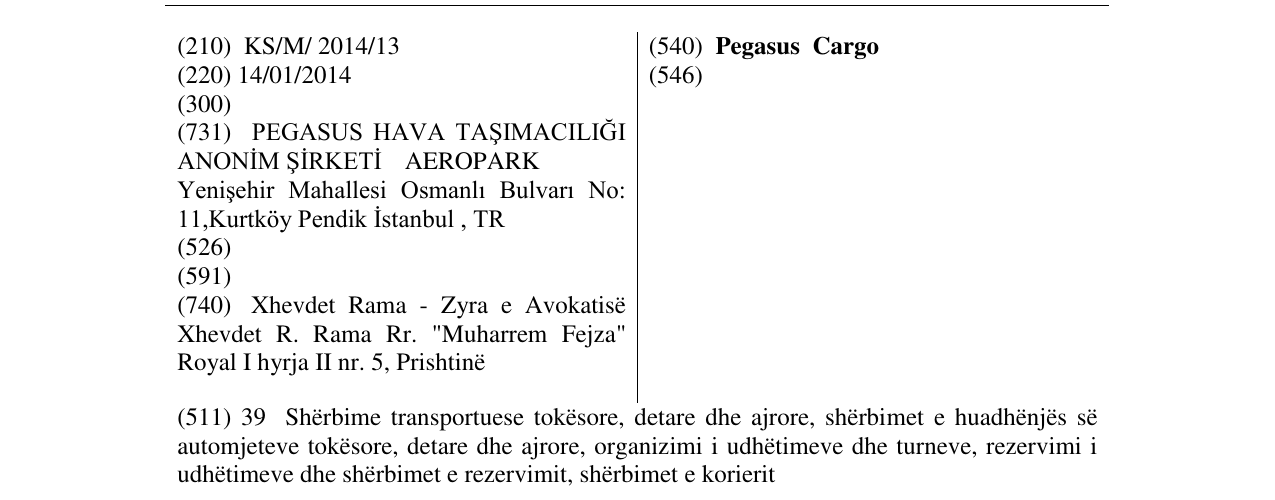Zëri i markës Pegasus Cargo në buletin