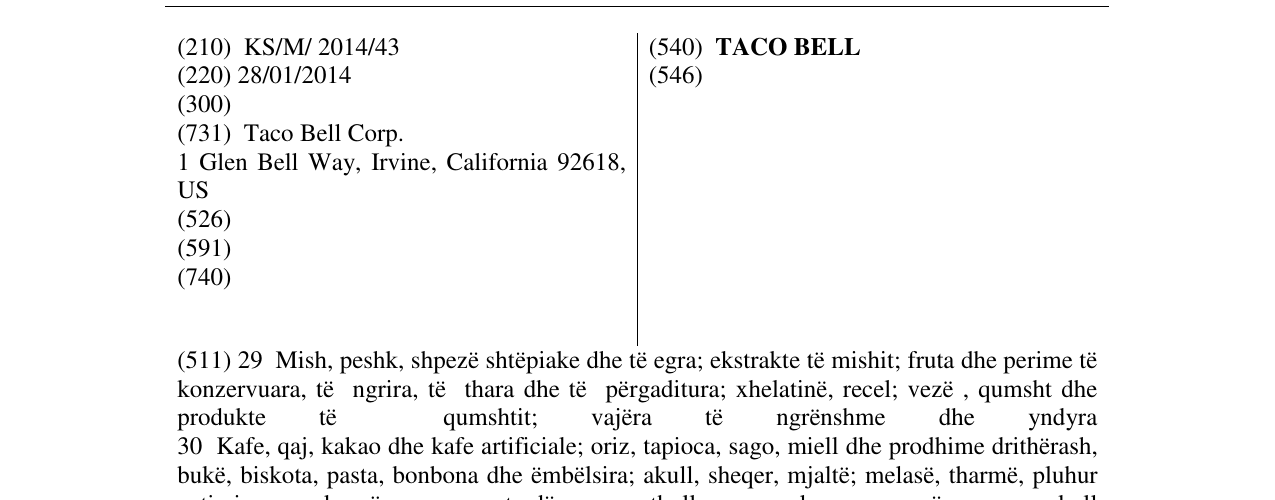 Zëri i markës TACO BELL në buletin