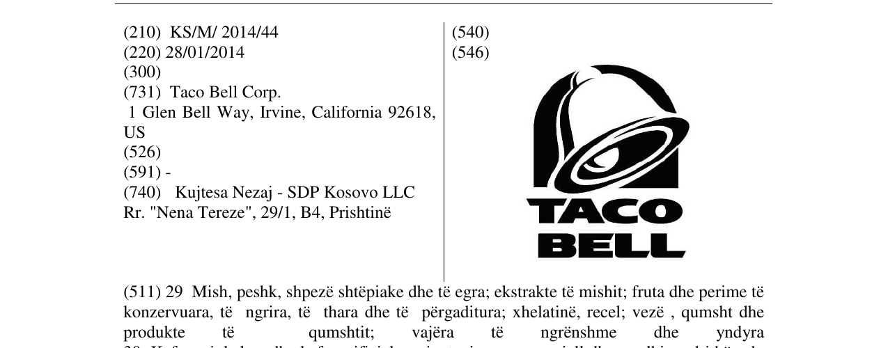 Zëri i markës TACO BELL në buletin