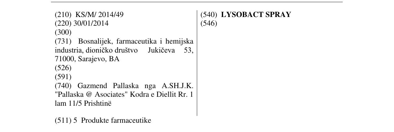 Zëri i markës LYSOBACT SPRAY në buletin