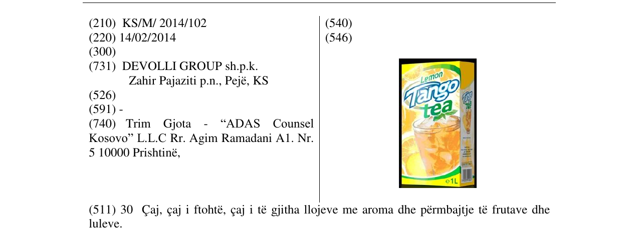 Zëri i markës Tango tea në buletin