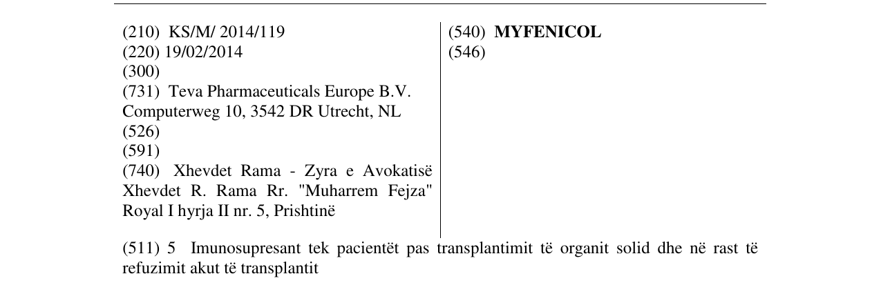 Zëri i markës MYFENICOL në buletin