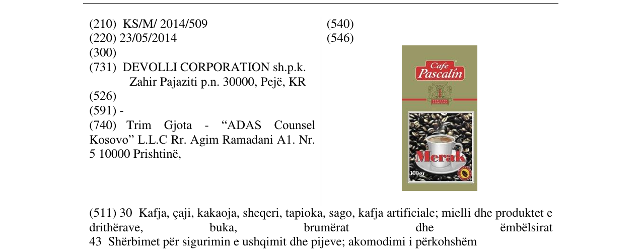 Zëri i markës Merak Cafe Pascalin në buletin