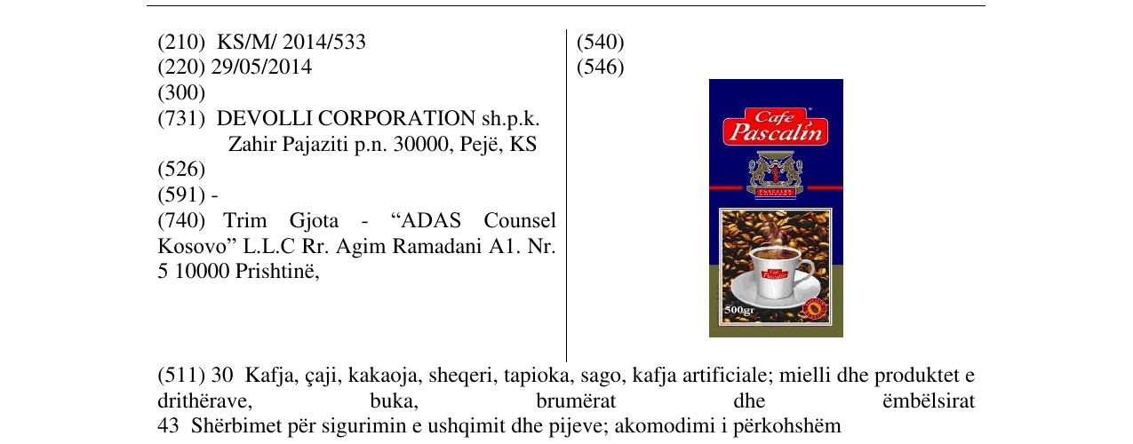 Zëri i markës Cafe Pascalin në buletin
