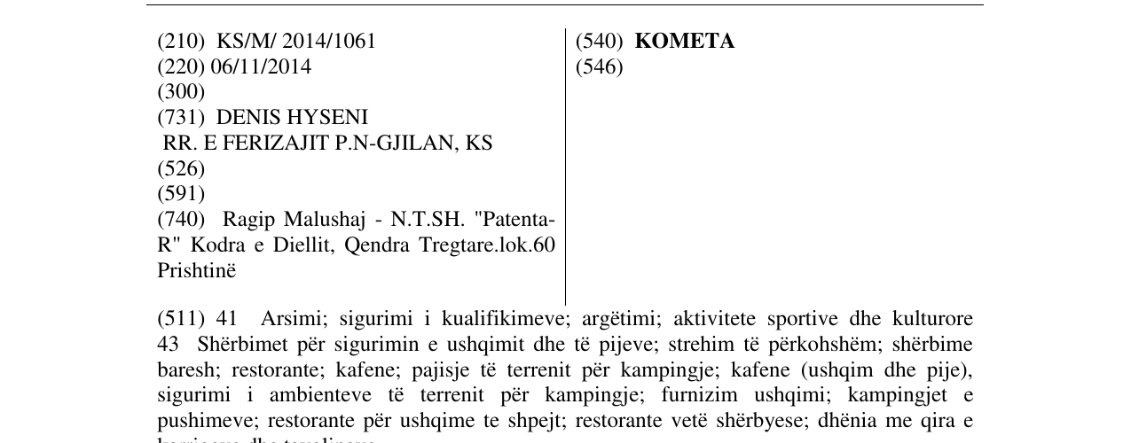 Zëri i markës KOMETA në buletin