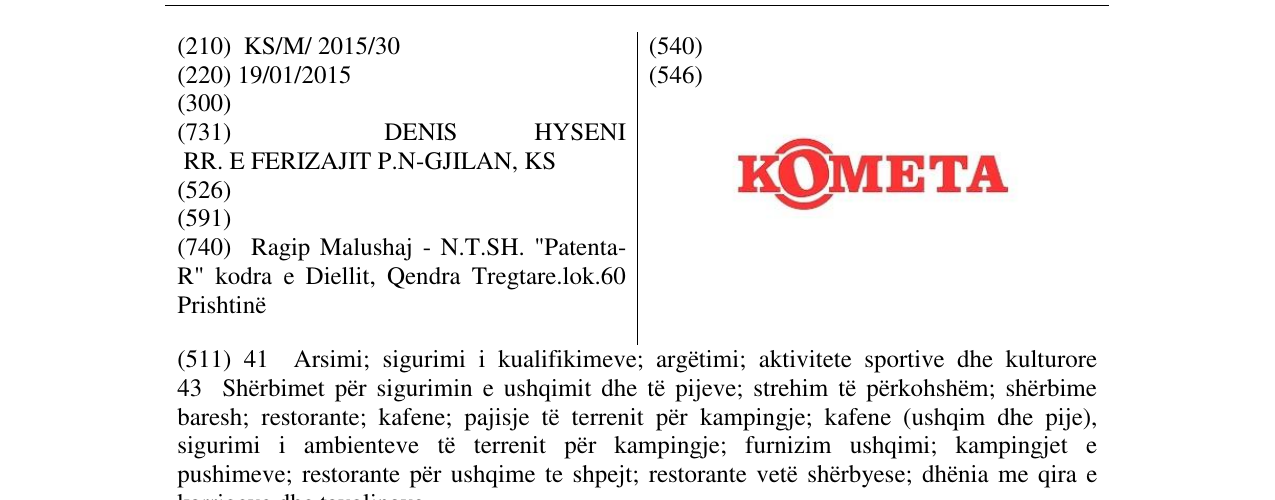 Zëri i markës KOMETA në buletin