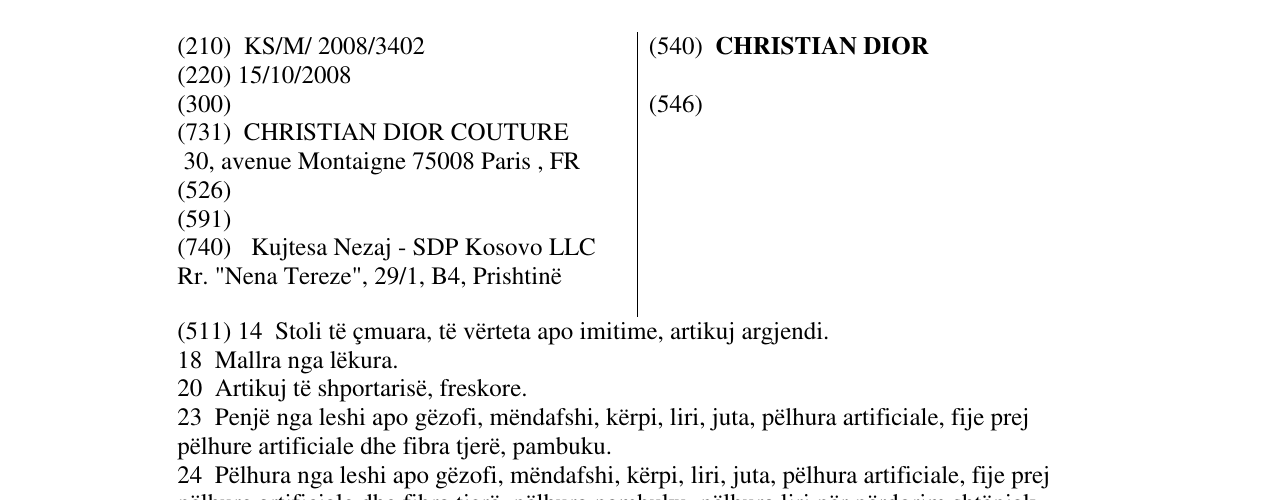 Zëri i markës CHRISTIAN DIOR në buletin