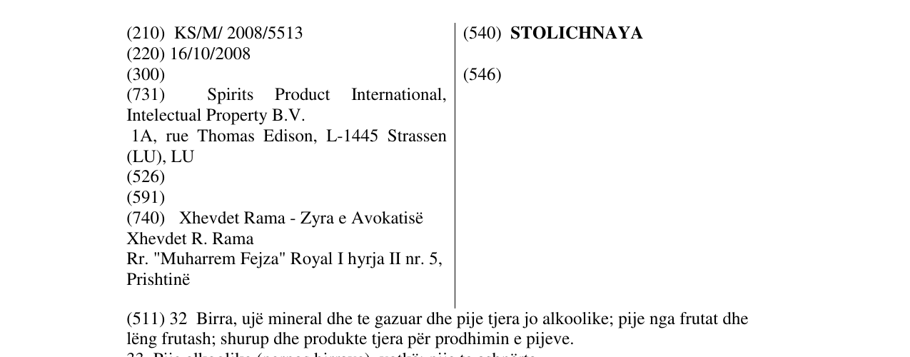 Zëri i markës STOLICHNAYA në buletin