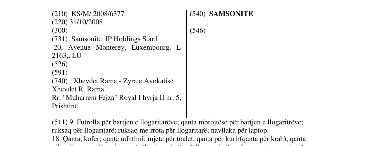 Zëri i markës SAMSONITE në buletin