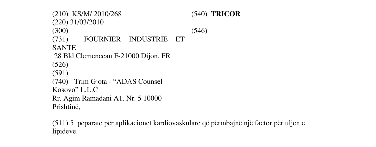 Zëri i markës TRICOR në buletin