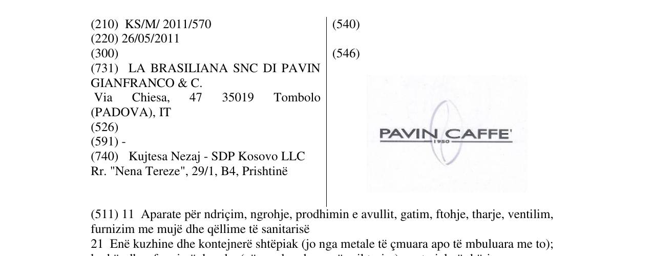 Zëri i markës PAVIN CAFFE në buletin
