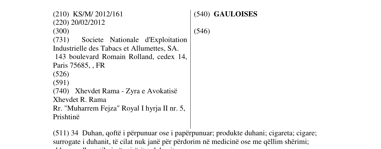 Zëri i markës GAULOISES në buletin
