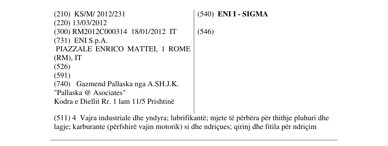 Zëri i markës ENI I - SIGMA në buletin