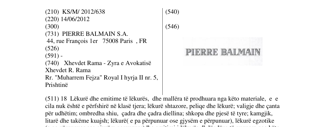 Zëri i markës PIERRE BALMAIN në buletin
