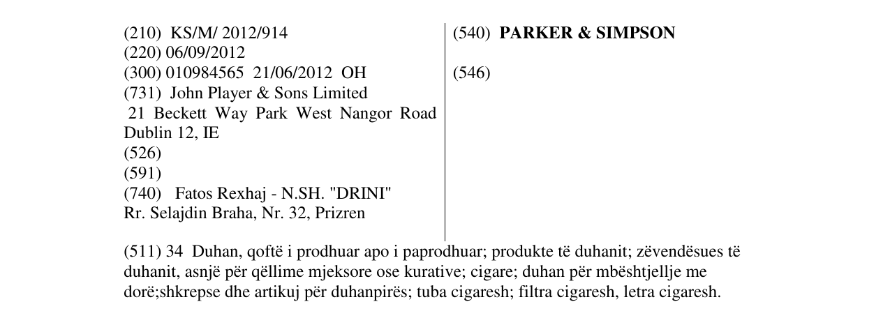 Zëri i markës PARKER & SIMPSON në buletin
