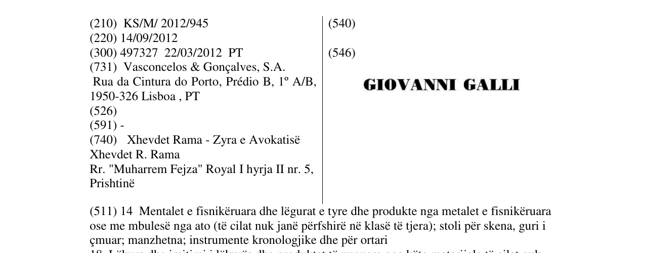 Zëri i markës GIOVANNI GALLI në buletin