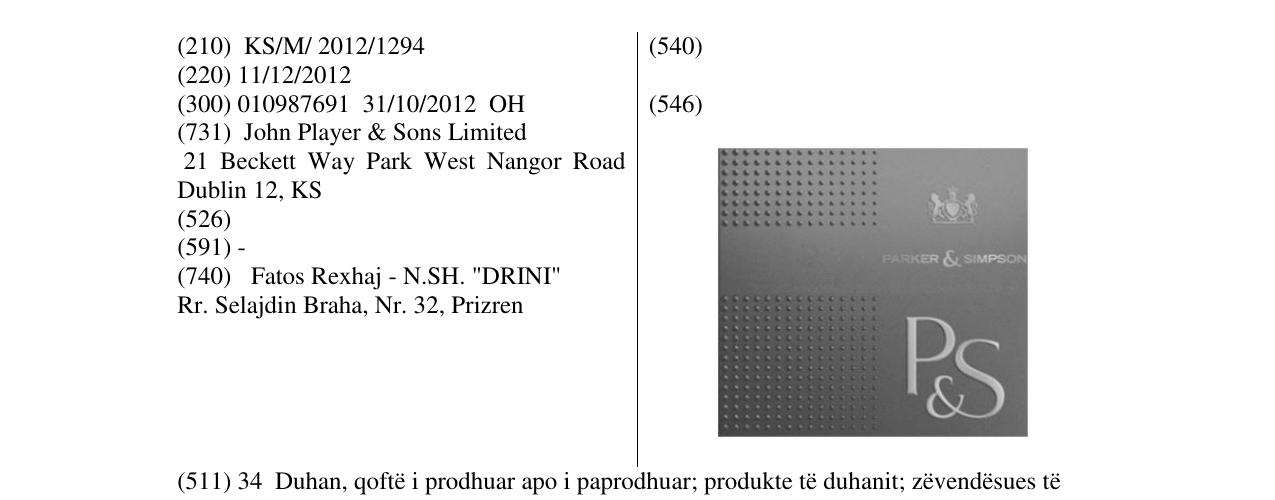 Zëri i markës P & S Parker & Sipmson në buletin