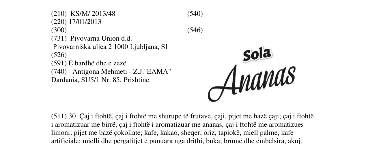 Zëri i markës Sola Ananas në buletin