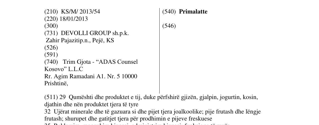 Zëri i markës Primalatte në buletin