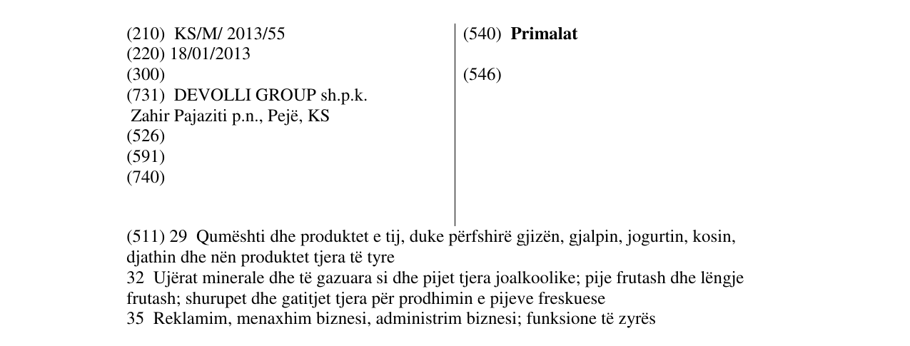Zëri i markës Primalat në buletin
