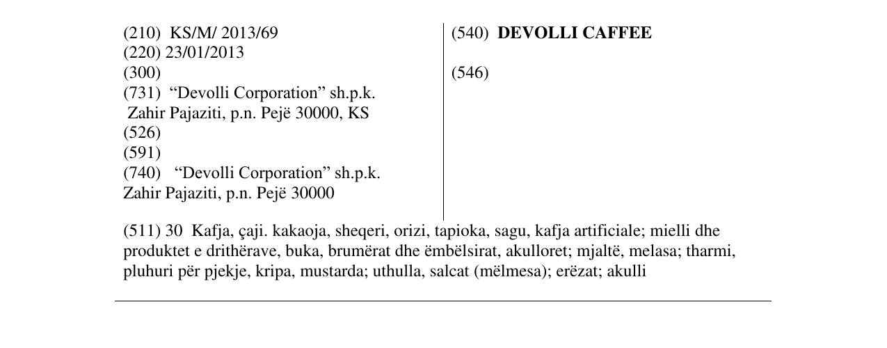 Zëri i markës DEVOLLI CAFFEE në buletin