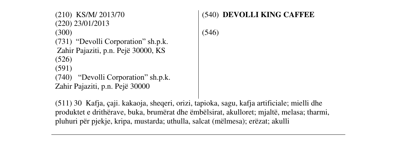 Zëri i markës DEVOLLI KING CAFFEE në buletin