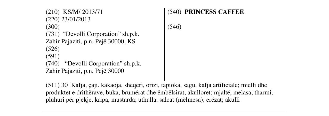 Zëri i markës PRINCESS CAFFEE në buletin